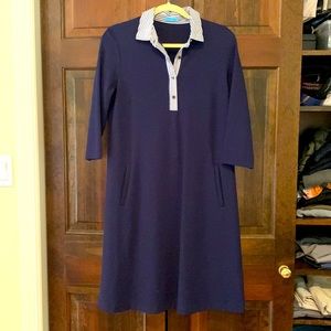 J. McLaughlin Dress Size M Navy Striped Collar Trim Pockets 3/4 Sleeve
